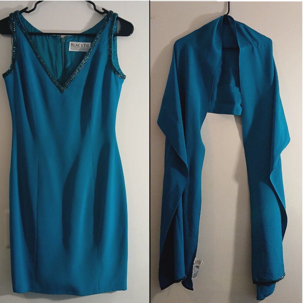 Oleg Cassini Vintage 1980s |  Beaded Formal Cocktail Dress with Shawl Size 2